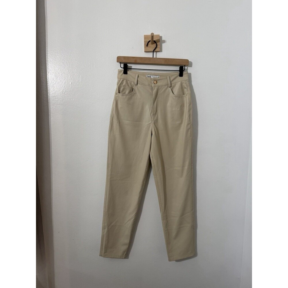 Zara Women’s Faux Leather Cream Pant Straight Leg Mom Fit Sz 4 Classic